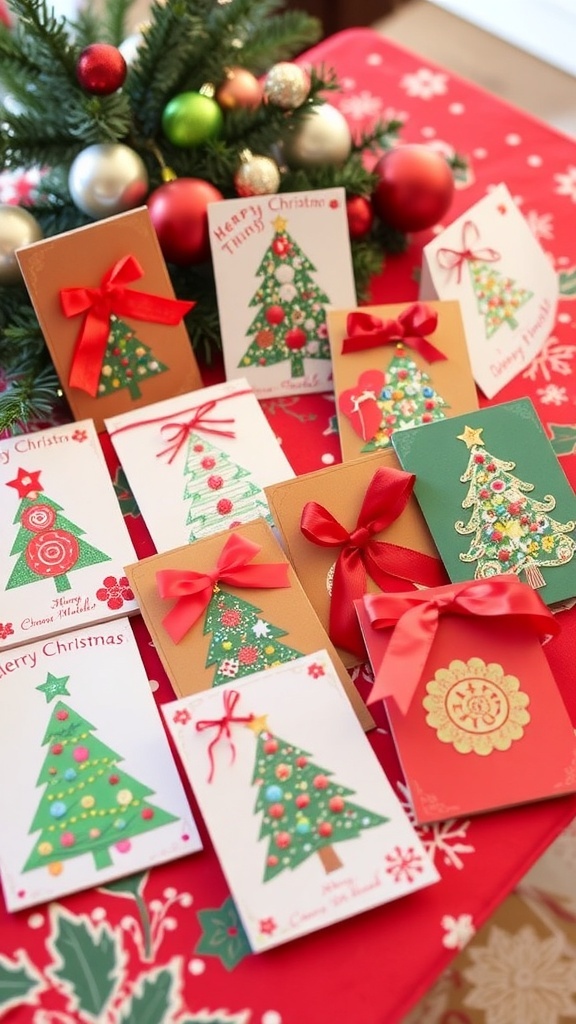 A variety of homemade Christmas cards with colorful designs and decorations on a festive table.